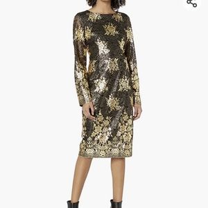 Nicole Miller New York Women's Long Sleeve Metallic Lace Fitted Cocktail Dress 2